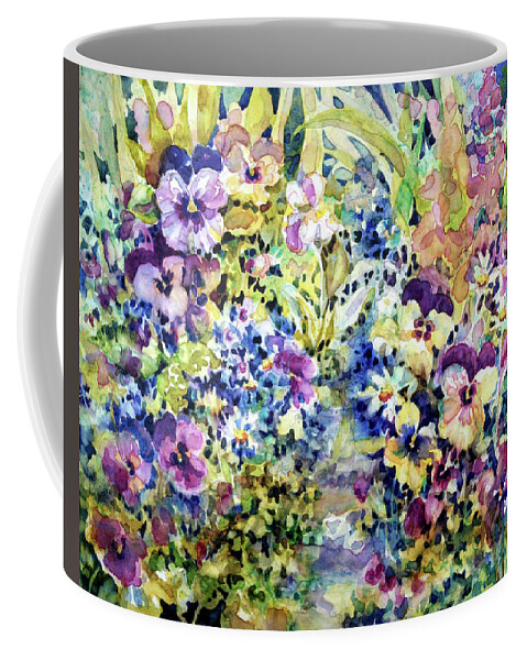 Watercolor Coffee Mug featuring the painting Pansy Path #1 by Ann Nicholson