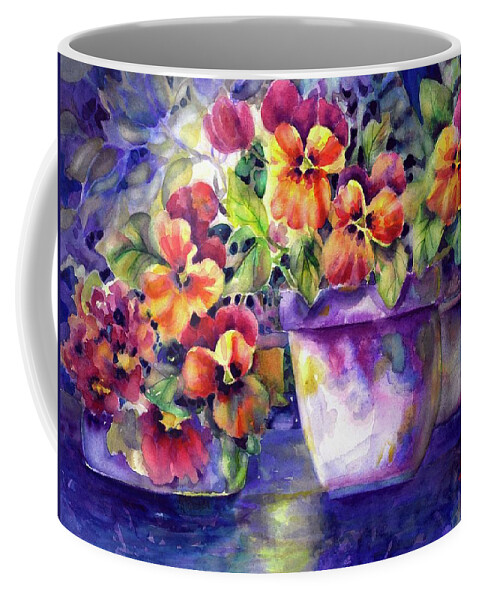 Watercolor Coffee Mug featuring the painting Patio Pansies #1 by Ann Nicholson