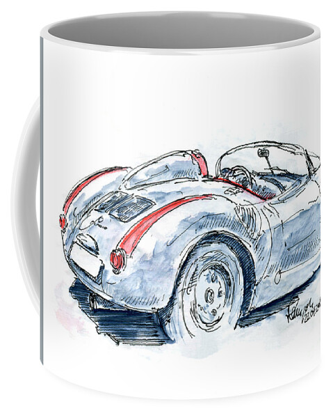 Porsche Coffee Mug featuring the drawing Porsche 550 Spyder Fountain Pen Ink Drawing by Frank Ramspott