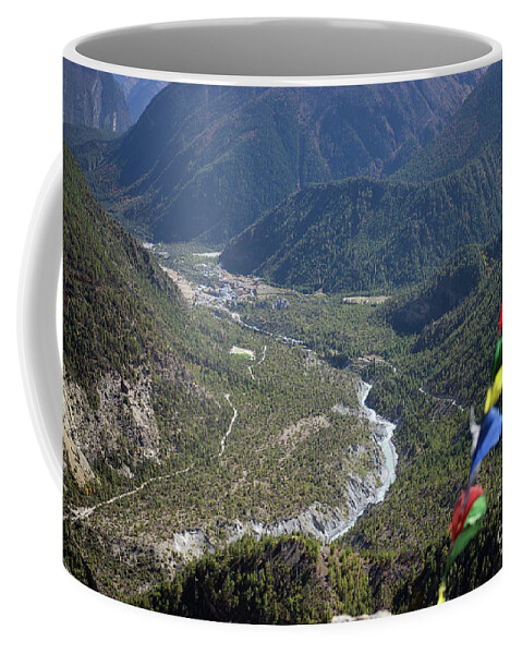 Nepal Coffee Mug featuring the photograph Prayer flags in the Himalaya mountains, Annapurna region, Nepal #1 by Raimond Klavins