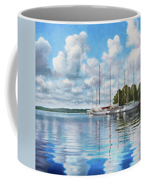 Guy Crittenden Art Coffee Mug featuring the painting Reflections on Fishing Bay by Guy Crittenden