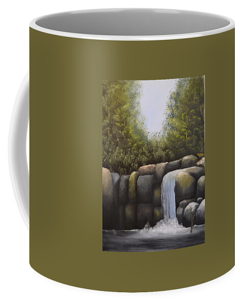 A Painting Of A Waterfalls In A Forest With Large Boulders. There Is A Blue Cloudless Sky And The Forest Trees Have Very Dense Green Leaves. The Large Boulders Are Different Colors And The Small Lake Water Is Dark In Color. Coffee Mug featuring the painting Rocky Falls by Martin Schmidt