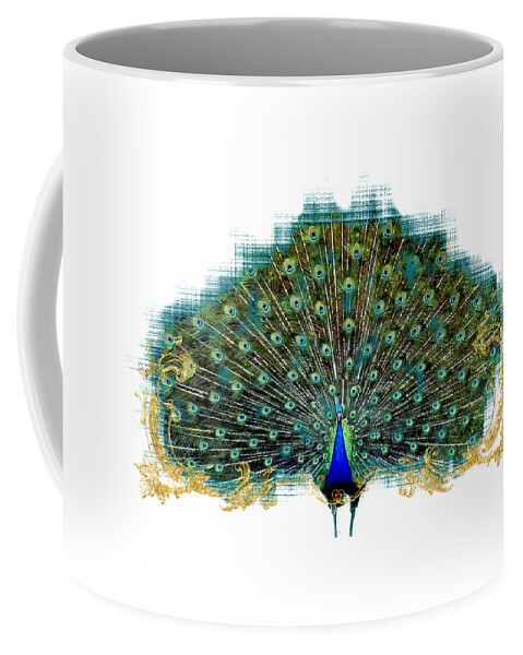 Peacock Coffee Mug featuring the mixed media Scroll Swirl Art Deco Nouveau Peacock w Tail Feathers Spread #1 by Audrey Jeanne Roberts