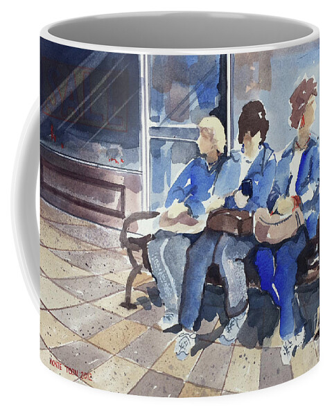 Three Ladies On A Park Bench At A Shopping Mall. Coffee Mug featuring the painting Shopping by Monte Toon