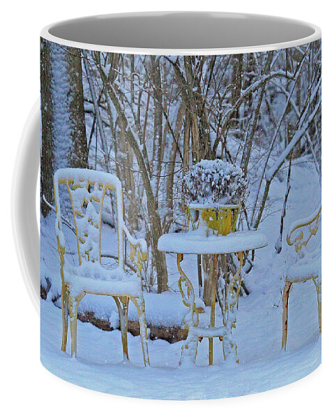 Snowy Sit A Spell Coffee Mug featuring the photograph Snowy Sit a Spell by PJQandFriends Photography