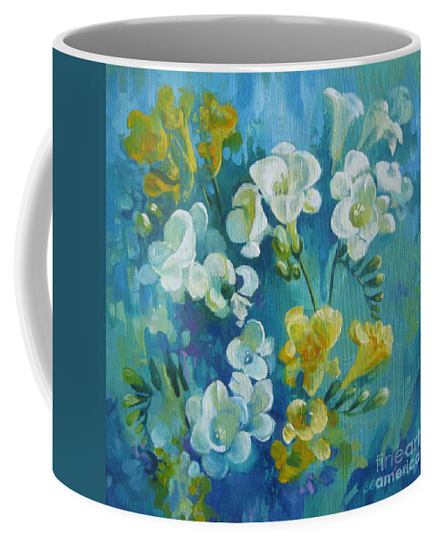 Freesia Coffee Mug featuring the painting Spring fragrances #1 by Elena Oleniuc