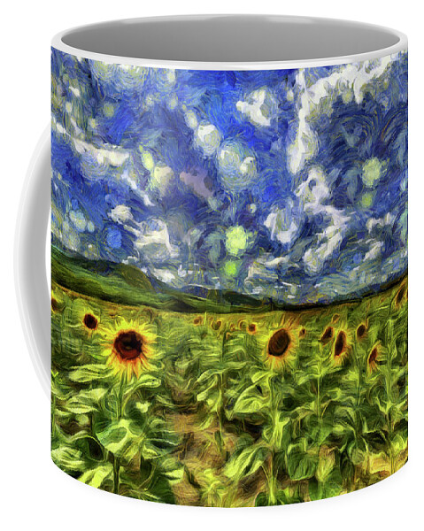 Van Gogh Coffee Mug featuring the mixed media Sunflower Field Van Gogh #1 by David Pyatt
