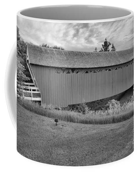 Imes Coffee Mug featuring the photograph Sunset Over The Imes Covered Bridge Black And White by Adam Jewell