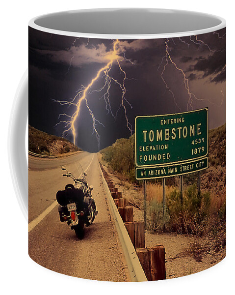 Tombstone Arizona Coffee Mug featuring the digital art Trouble In Tombstone by Gary Baird