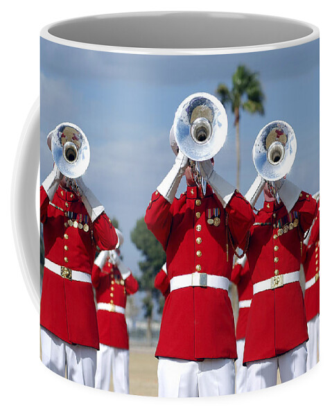 Drum And Bugle Corps Coffee Mug featuring the photograph U.s. Marine Corps Drum And Bugle Corps #1 by Stocktrek Images