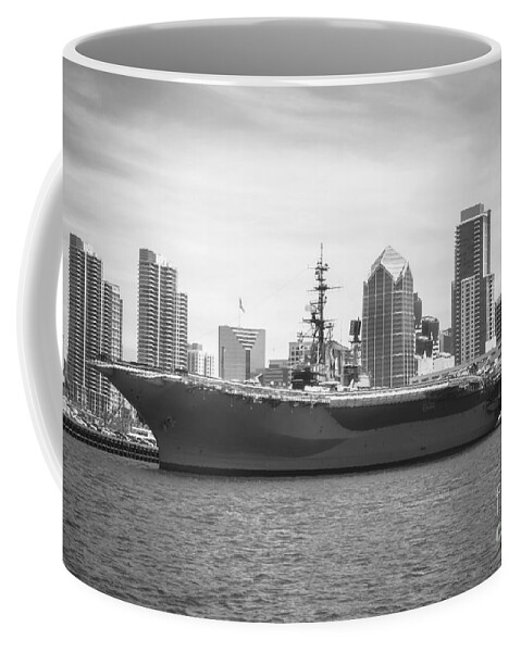 Black And White Coffee Mug featuring the photograph USS Midway Museum Cv 41 Aircraft Carrier #2 by Claudia Ellis