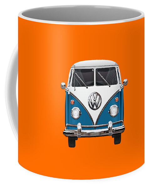 'volkswagen Type 2' Collection By Serge Averbukh Coffee Mug featuring the photograph Volkswagen Type 2 - Blue and White Volkswagen T 1 Samba Bus over Orange Canvas #1 by Serge Averbukh