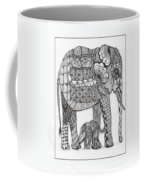  Coffee Mug featuring the drawing White Elephant and Baby #2 by Kathy Sheeran