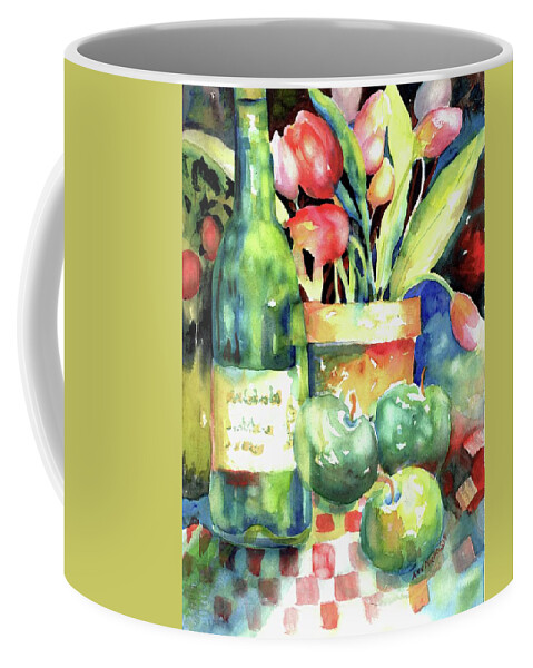 Watercolor Coffee Mug featuring the painting Wine And Tulips #1 by Ann Nicholson