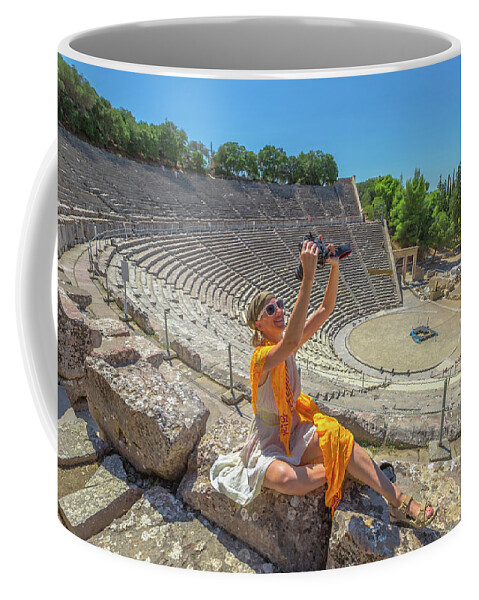 Greece Coffee Mug featuring the pyrography Woman photographer selfie #1 by Benny Marty