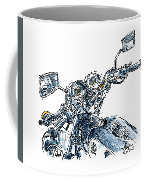 Motorbike Coffee Mug featuring the drawing Yamaha SR 500 Motorcycle Detail Ink Drawing and Watercolor by Frank Ramspott