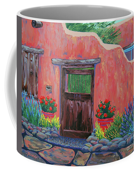Southwest Coffee Mug featuring the painting 104 Canyon Rd, Santa Fe by Cheryl Fecht