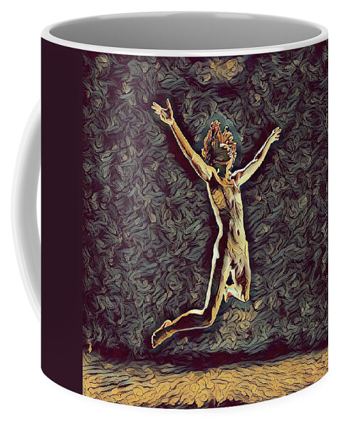 Freedom Coffee Mug featuring the digital art 1294s-ZAC Dancer Midair Leap Nude and Free in the style of Antonio Bravo by Chris Maher