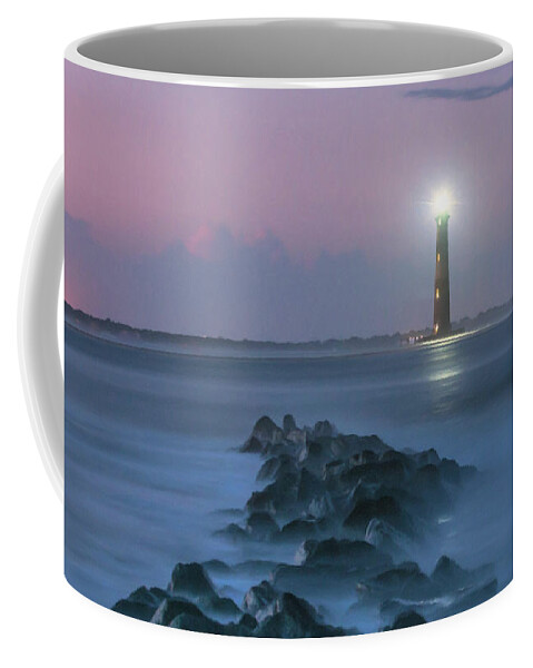 Morris Island Lighthouse Coffee Mug featuring the digital art 140 Year Anniversary Lighting of Morris Island Lighthouse by Dale Powell