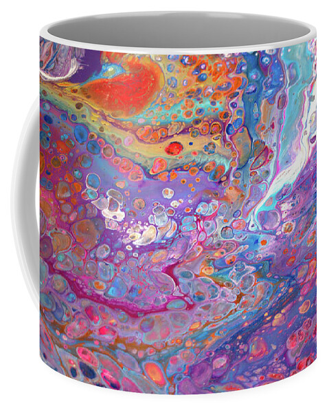 Liquid Acrylics Vibrant Lively Colorful Compelling Extraordinarily Beautiful Blue Dominates Gold Orange Purple Pink Turquoise Fuschia And White Coffee Mug featuring the painting #149 Wet pour #149 by Priscilla Batzell Expressionist Art Studio Gallery
