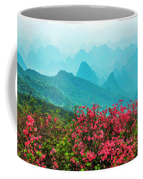 Spring Coffee Mug featuring the photograph Blossoming azalea and mountain scenery #17 by Carl Ning