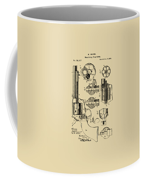 Colt Coffee Mug featuring the digital art 1875 Colt Peacemaker Revolver Patent Vintage by Nikki Marie Smith