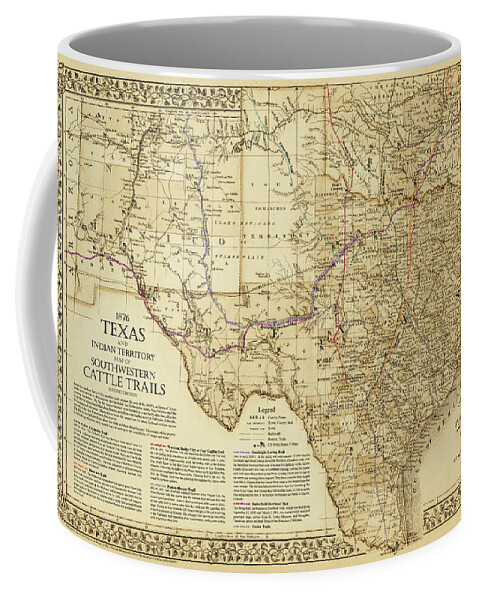 Cattle Trails Map Coffee Mug featuring the digital art 1876 Great Texas and Southwestern Cattle Trails Map by Texas Map Store
