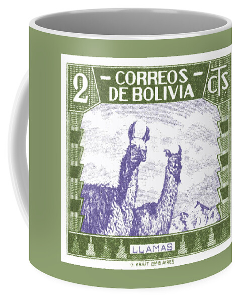 Bolivia Coffee Mug featuring the digital art 1939 Bolivia Llamas Postage Stamp by Retro Graphics