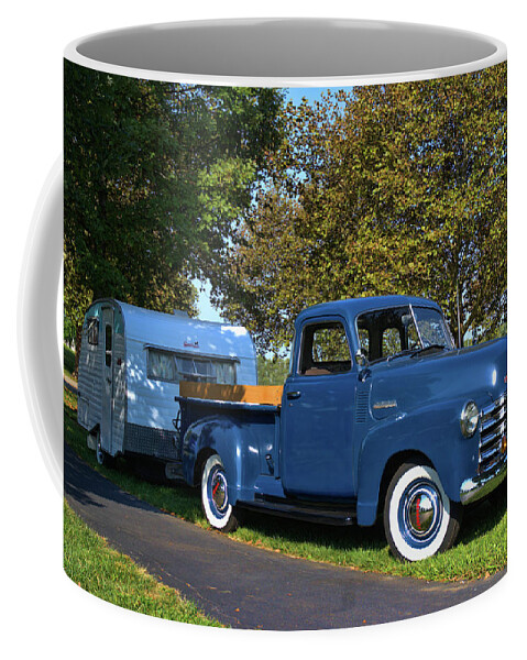 1950 Coffee Mug featuring the photograph 1950 Chevrolet Pickup Truck with Camper Trailer by Tim McCullough