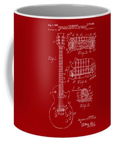 Guitar Coffee Mug featuring the digital art 1955 McCarty Gibson Les Paul Guitar Patent Artwork Red by Nikki Marie Smith