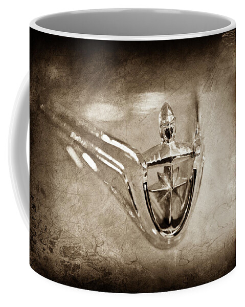 1956 Lincoln Premier Convertible Hood Ornament Coffee Mug featuring the photograph 1956 Lincoln Premier Convertible Hood Ornament -0832s by Jill Reger
