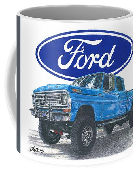 Ford Coffee Mug featuring the drawing 1970 Ford F-250 Crew Cab by Chris Brown