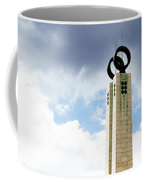 Lisbon Coffee Mug featuring the photograph 1974 Revolution Memorial Wrapped in Clouds by Lorraine Devon Wilke