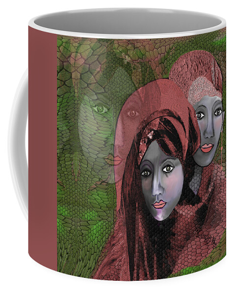 1974 Coffee Mug featuring the digital art 1974 - Women in rosecoloured clothes - 2017 by Irmgard Schoendorf Welch