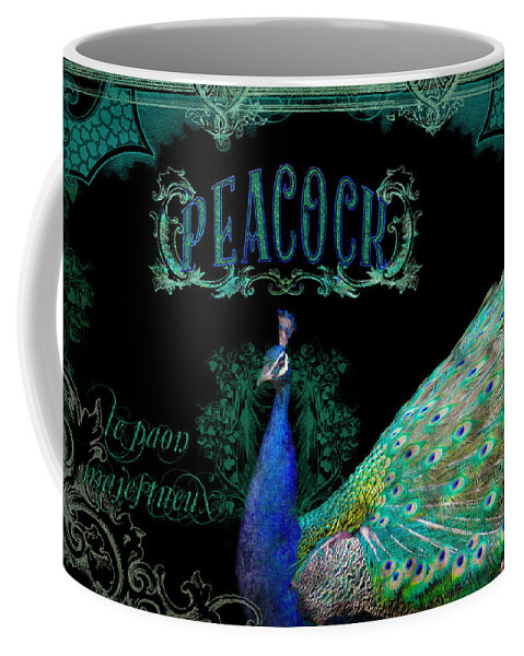 Regal Coffee Mug featuring the mixed media Elegant Peacock w Vintage Scrolls #1 by Audrey Jeanne Roberts