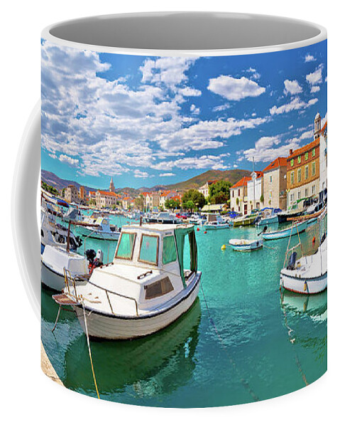 Kastel Coffee Mug featuring the photograph Kastel Novi turquoise harbor and historic architecture panoramic #2 by Brch Photography