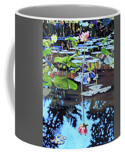 Garden Pond Coffee Mug featuring the painting Lotus Reflections by John Lautermilch
