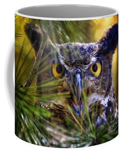 Owl Coffee Mug featuring the photograph Owl in the Pines #2 by Peg Runyan