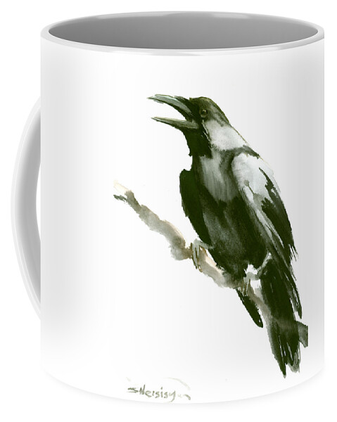 Black Coffee Mug featuring the painting Raven #2 by Suren Nersisyan