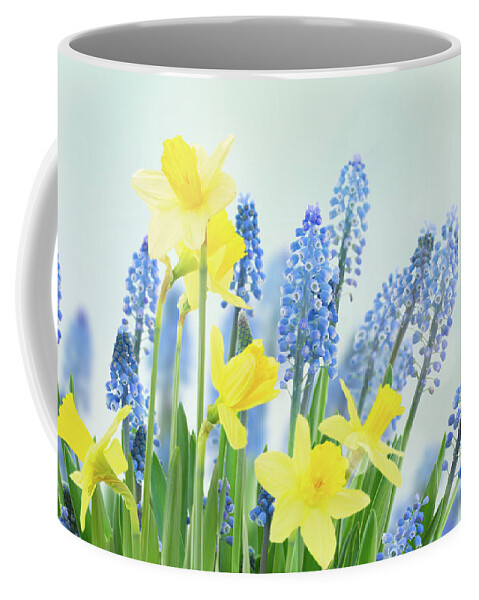 Spring Coffee Mug featuring the photograph Spring Bluebells and Daffodils #3 by Anastasy Yarmolovich