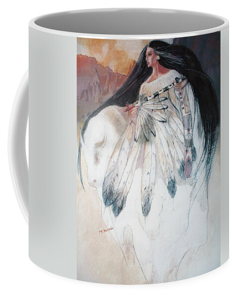 Beautiful Indian Woman Shapshifting Into The White Buffalo...mountains And Sunrise Over The Tribe Of Lakota Indians ....white And Black Colors Peace Pipe With Feathers And Peace Pipe Bag... Coffee Mug featuring the pastel White Buffalo Calf Woman #2 by Pamela Mccabe