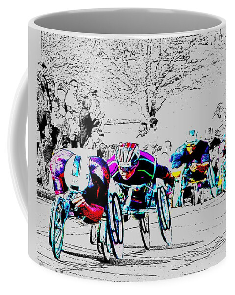 Baa Coffee Mug featuring the painting 2016 Boston Marathon Wheelchairs by Cliff Wilson