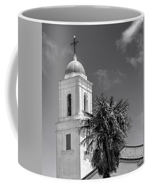 California; La Jolla; Church; Christian Cross; Bell Tower; Sea Gull; June; 2010s; 2017; Monochrome; B/w Photo; Black And White Photograph; Black And White Pictures; Bw Photo Coffee Mug featuring the photograph 201706090-199K Sea Gull on Cross 2x3 by Alan Tonnesen