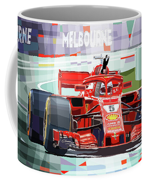 Shevchukart Coffee Mug featuring the mixed media 2018 Australian GP Ferrari SF71H Vettel winner by Yuriy Shevchuk
