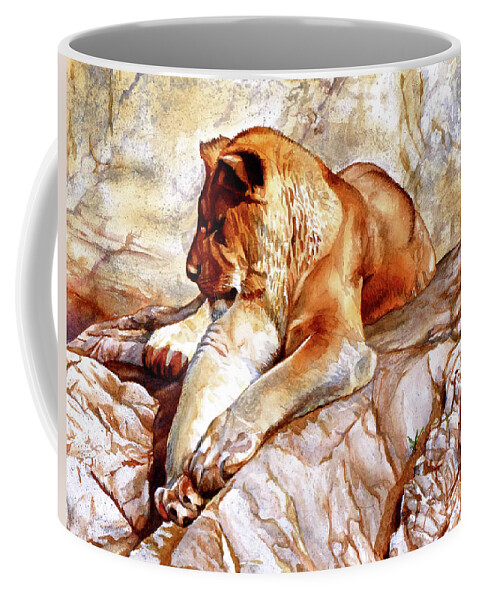 Lion Coffee Mug featuring the painting #232 Sleeping Lioness #232 by William Lum