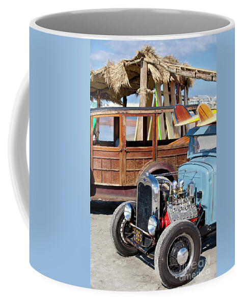  Surfing Coffee Mug featuring the photograph Blue Ford roadster race car on the beach #3 by Anthony Totah