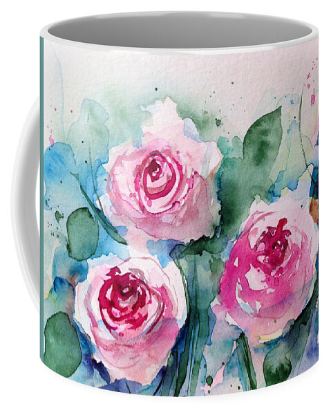 Leaves Coffee Mug featuring the painting 3 Pink Roses by Britta Zehm