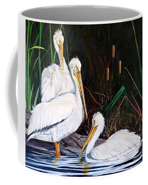 Pelican Coffee Mug featuring the painting 3's Company by Marilyn McNish