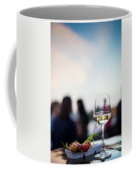 Alcohol Coffee Mug featuring the photograph Glass Of White Wine With Gourmet Food Tapa Snacks Outside #4 by JM Travel Photography