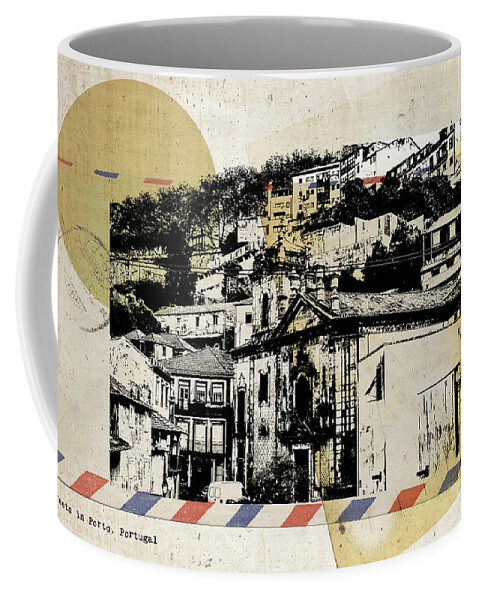 Porto Coffee Mug featuring the digital art stylish retro postcard of Porto #3 by Ariadna De Raadt